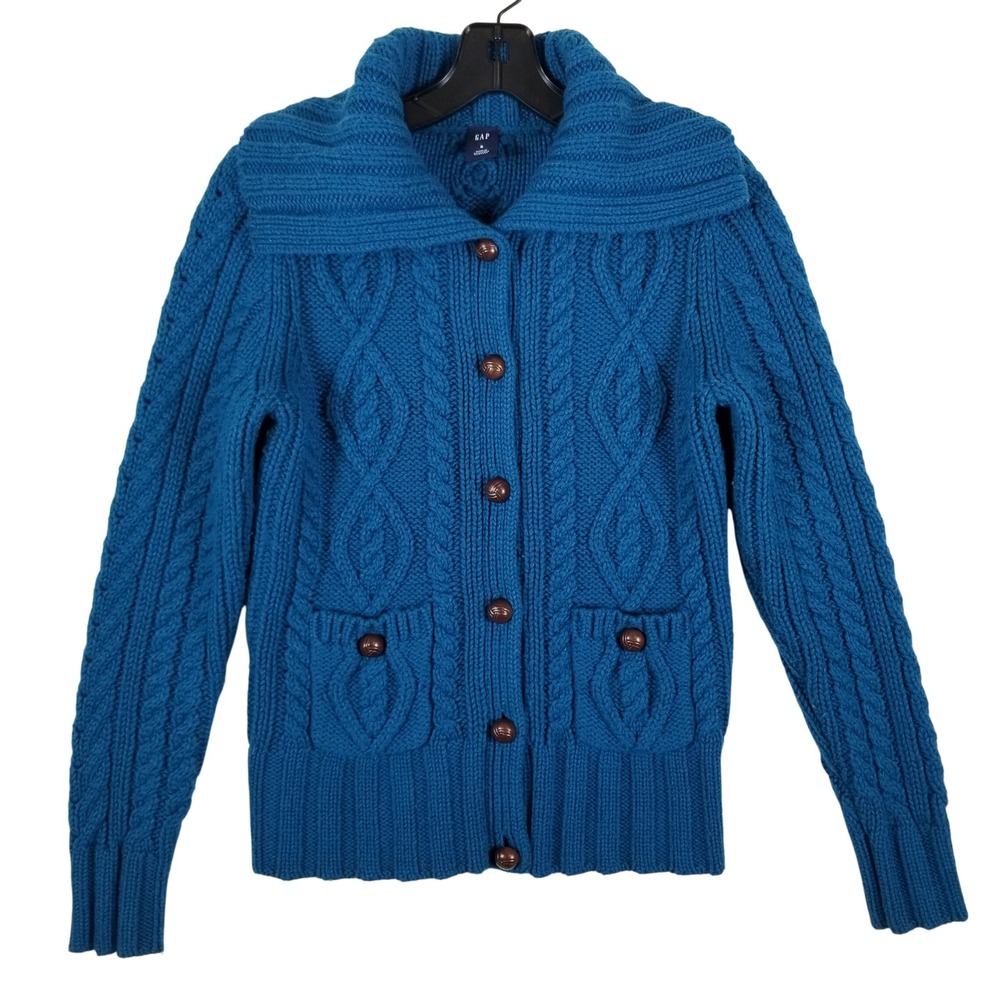 Gap Womens Small Teal Blue Cable Knit Wool Blend Shawl‎ Collar Button Cardigan